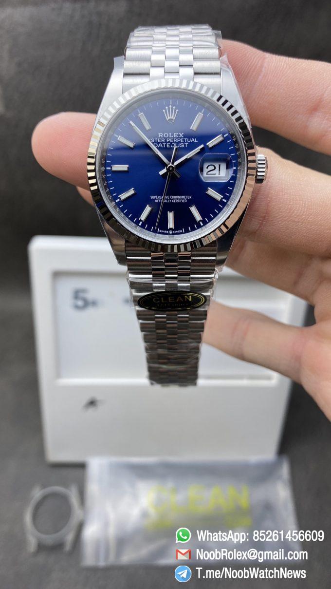 Clean Factory Watch CF Rolex DateJust 36mm 126234 904L Steel Blue Dial with Stick Markers on Jubilee Bracelet VR3235 Movement