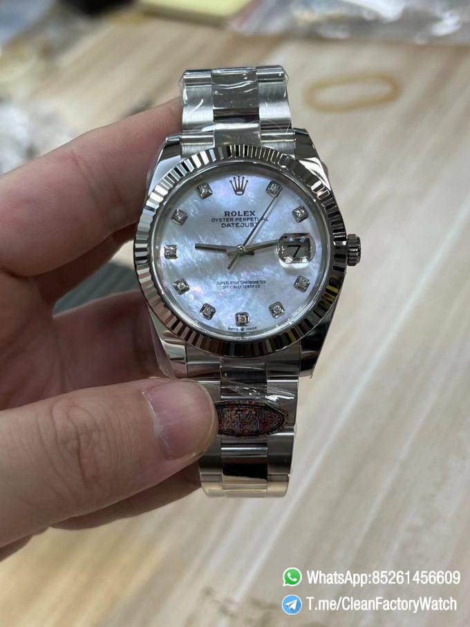 Clean Factory Rolex Datejust 41 m126334 0019 White MOP Dial with Diamonds Markers Oyster Bracelet 01