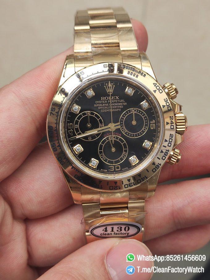 Clena Factory Rolex Daytona 116508 Yellow Gold Case Bracelet DD4130 Movement Black Dial Diamond Markers 01