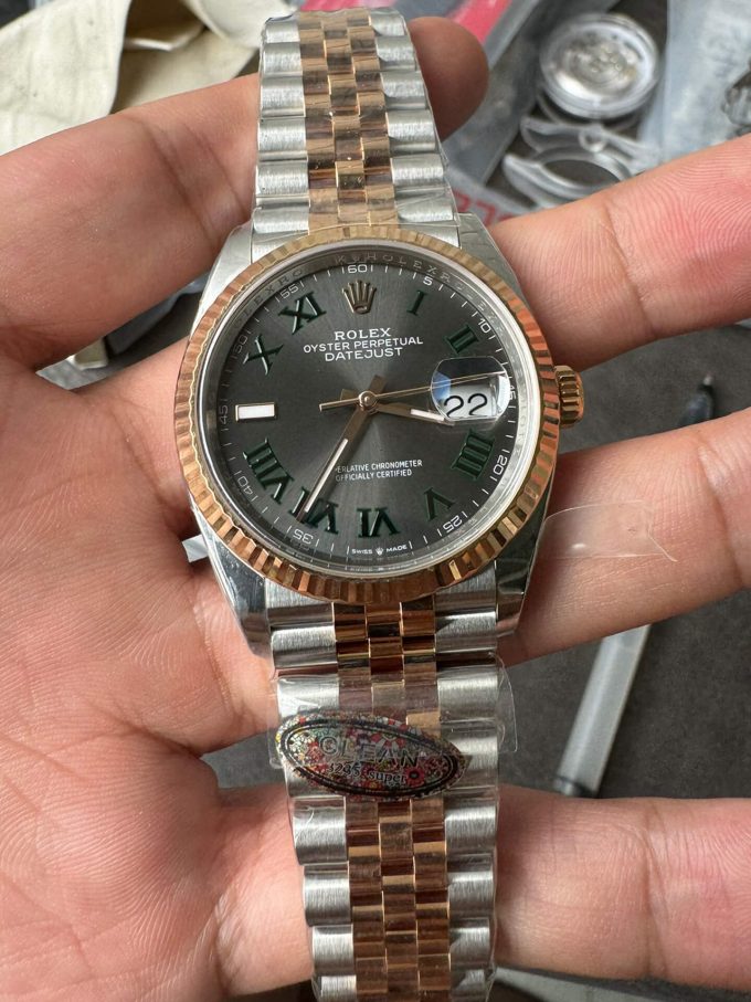 Clean Factory DateJust 36mm 126231 Wimbledon 904L Steel Grey Dial Green Roman Marker Two Tone Jubilee Bracelet SH3235 Movement 00