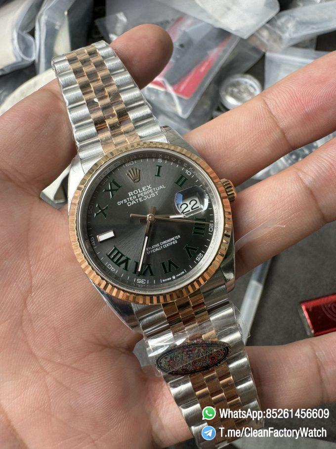 Clean Factory DateJust 36mm 126231 Wimbledon 904L Steel Grey Dial Green Roman Marker Two Tone Jubilee Bracelet SH3235 Movement 03