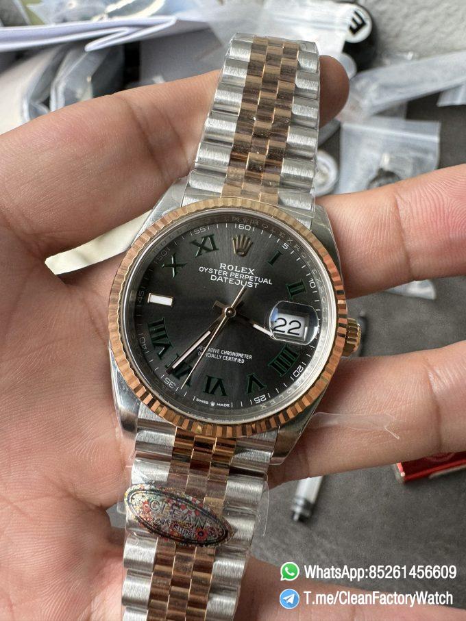 Clean Factory DateJust 36mm 126231 Wimbledon 904L Steel Grey Dial Green Roman Marker Two Tone Jubilee Bracelet SH3235 Movement 05