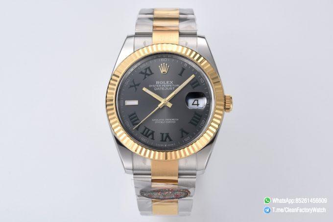 Clean Factory Datejust Wimbledon 126333 41mm Gray Dial with Green Roma Markers Yellow Gold Bezel 3235 Caliber Two Tone Oyster Bracelet 01