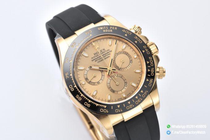 Clean Factory Rolex Daytona 116518LN 0042 Yellow Gold Dial and Case Black Ceramic Bezel Cal4130 Black Oyster Rubber Oysterflex Strap 02